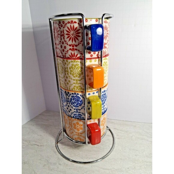Pier One Inports Hand Painted Stoneware Cup Set of 4 Stackable Cups with Stand. - Picture 2 of 6